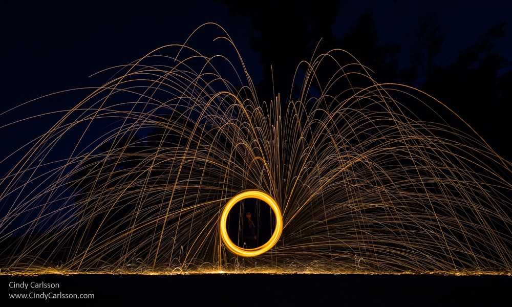 Woman in a circle of fire with sparks flying
